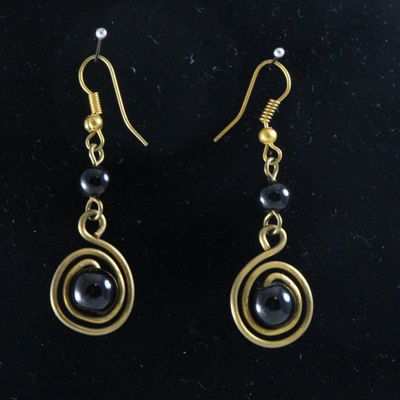 Handmade East African Brass Blue Ceramic Beaded Drop Earrings Pair - Picture 4 of 4